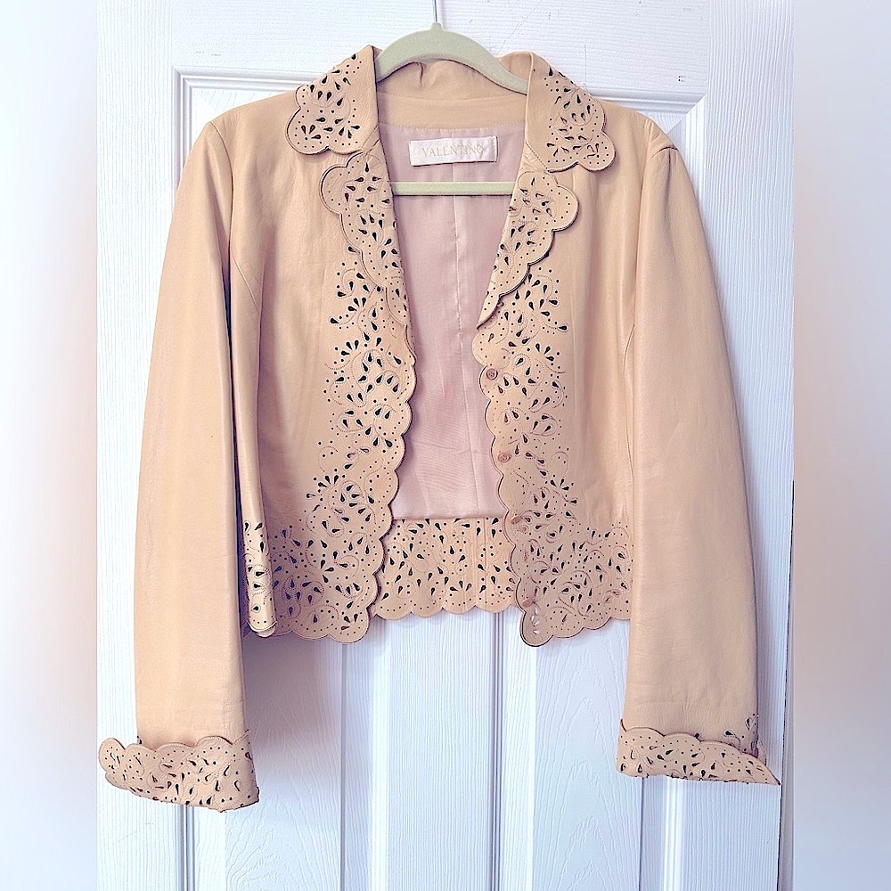 VALENTINO Tan Lambskin Scalloped edge- Lazer cut Embroidered Jacket.